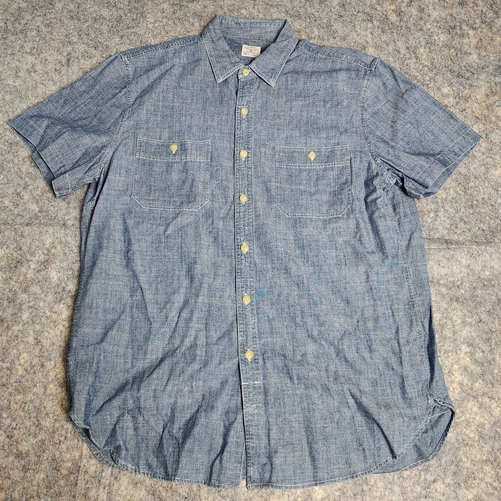 J Crew Chambray Shirt Men L Blue Short Sleeve Button Up Utility Workwear